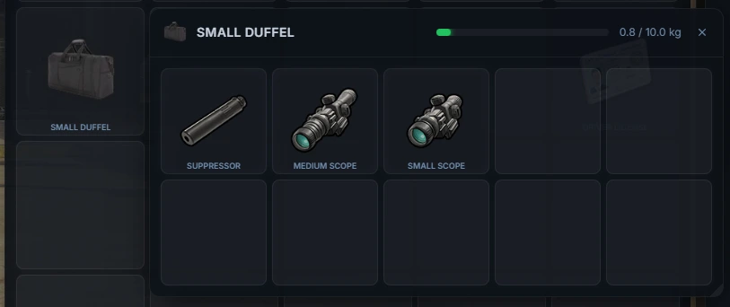 Small duffel bag inventory opened next to the player