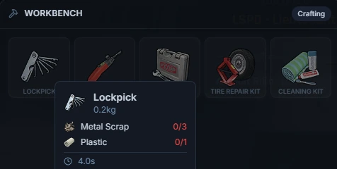 Crafting workbench listing a Lockpick recipe with ingredients