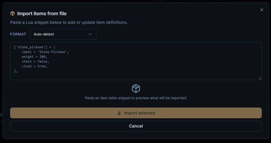 Lua snippet importer parsing item definitions