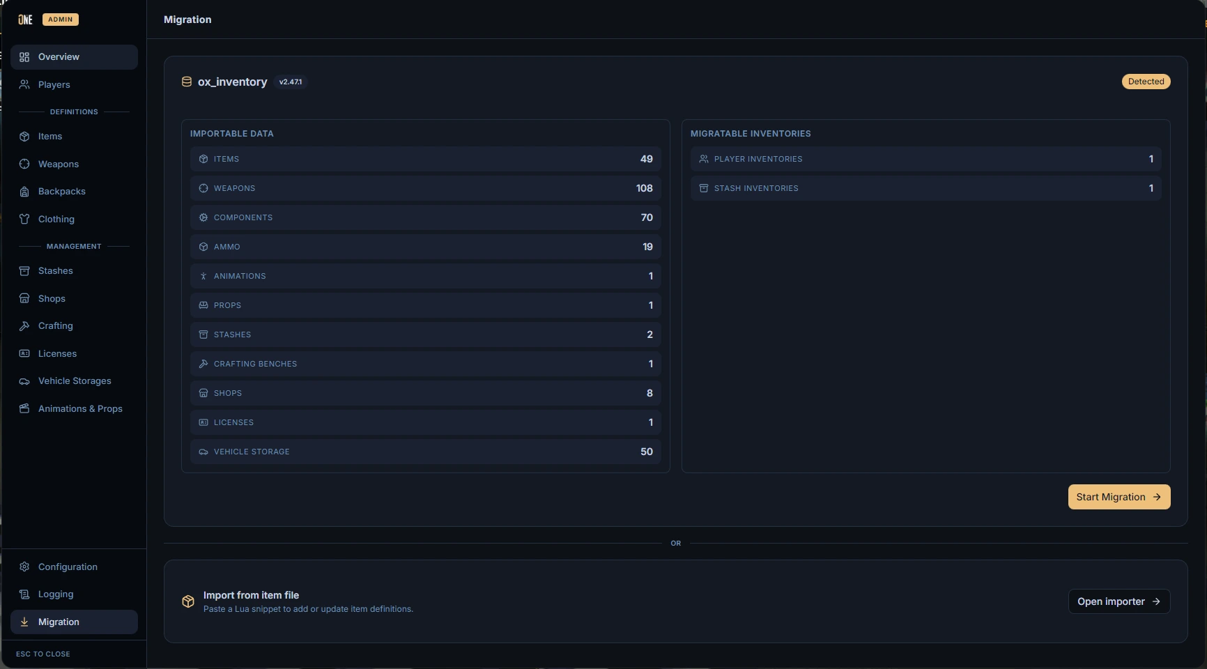 Migration dashboard detecting ox_inventory with item, weapon, stash and shop counts