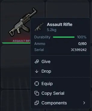 Weapon context menu with durability, ammo, serial and components